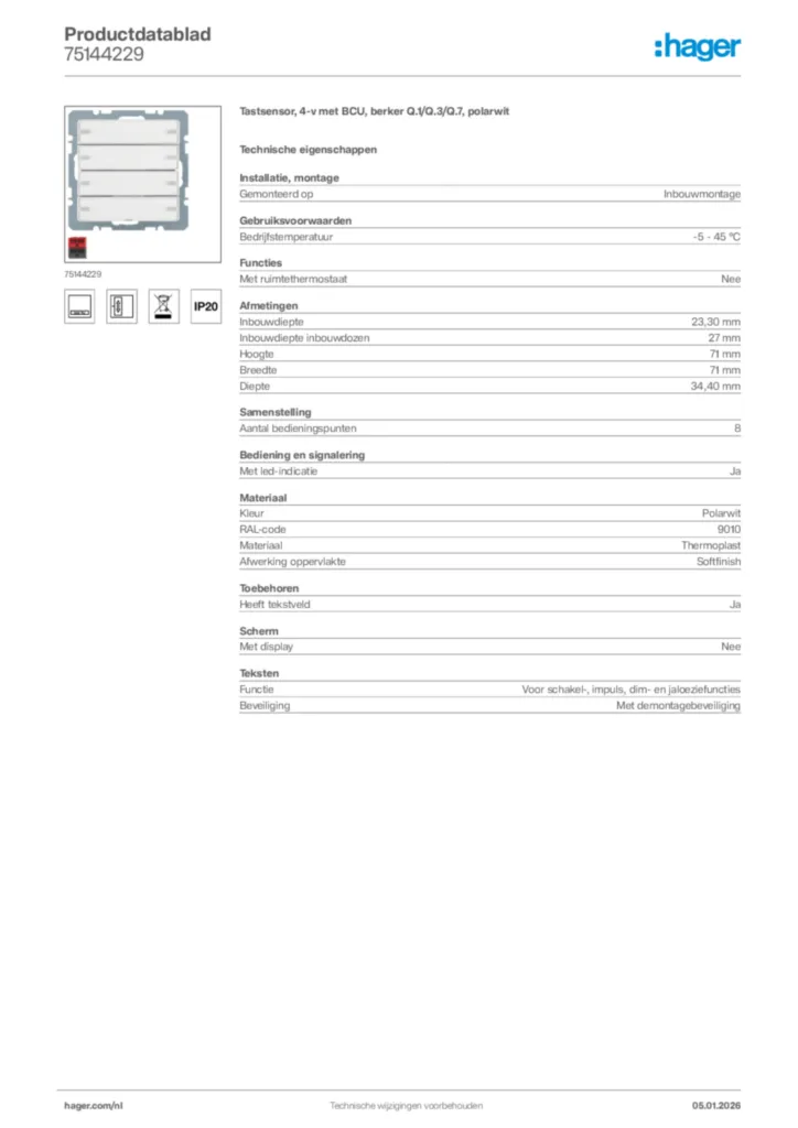 Afbeelding Hager Productdatablad 75144229 | Hager Nederland
