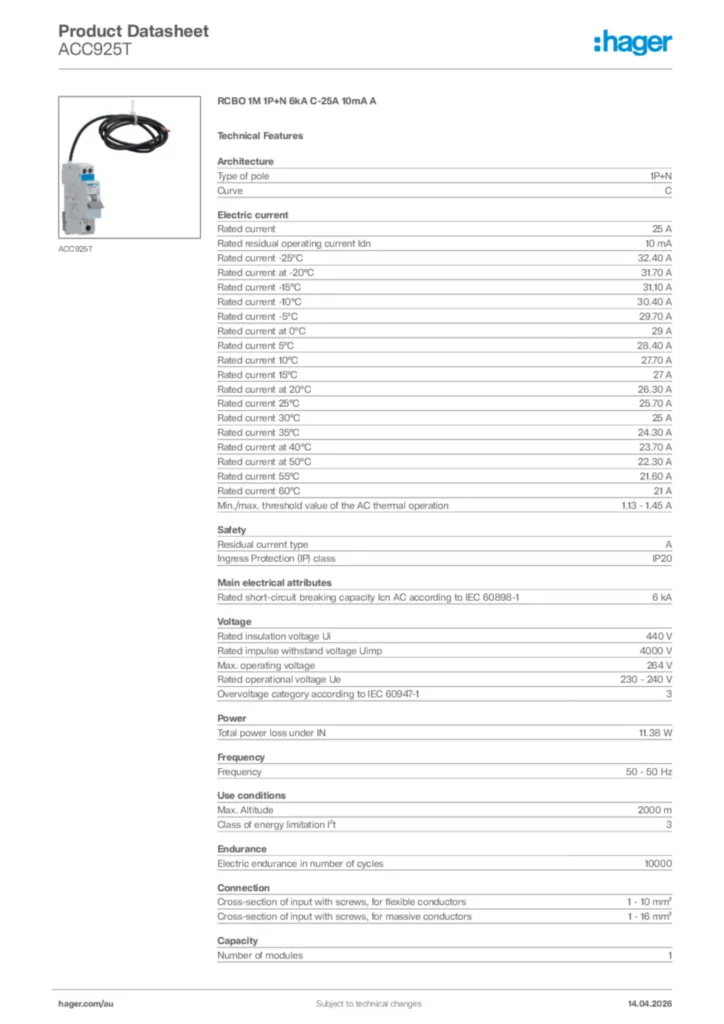 Image Hager Product data sheet ACC925T  | Hager Australia