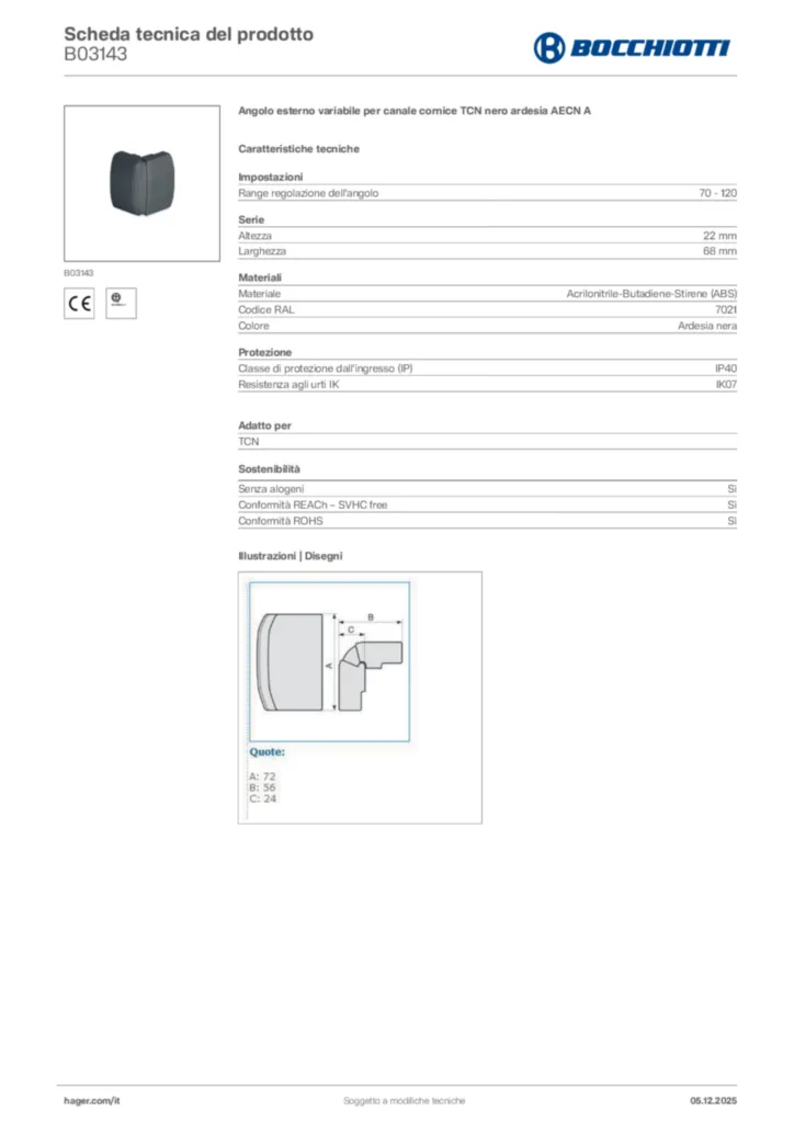 Immagine Bocchiotti Scheda tecnica del prodotto B03143 | Hager Italia