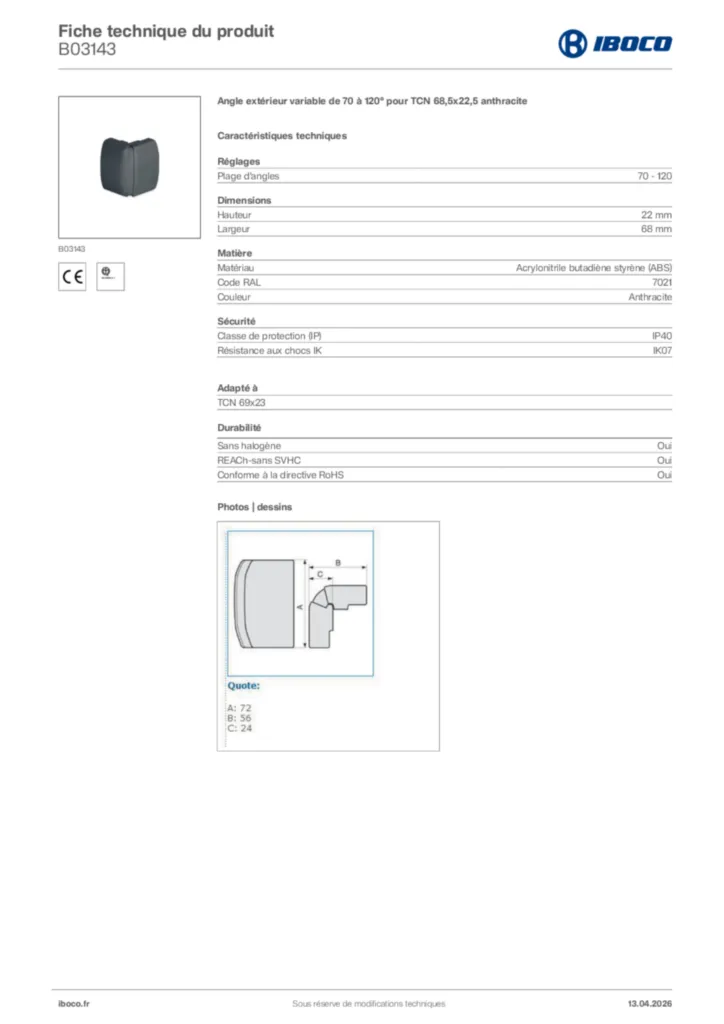 Image Iboco Fiche technique du produit B03143 | Hager France