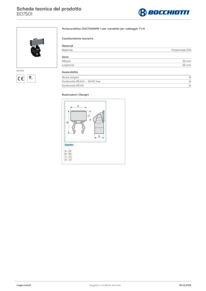 Immagine Bocchiotti Scheda tecnica del prodotto B07501 | Hager Italia
