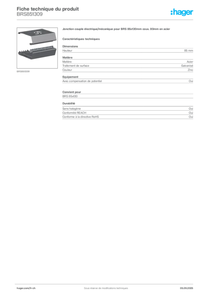 Image Hager Fiche technique du produit BRS851309 | Hager Suisse