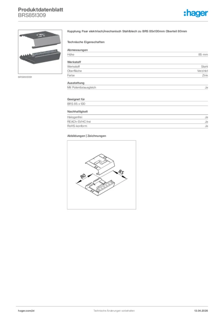 Bild Hager Produktdatenblatt BRS851309 | Hager Deutschland
