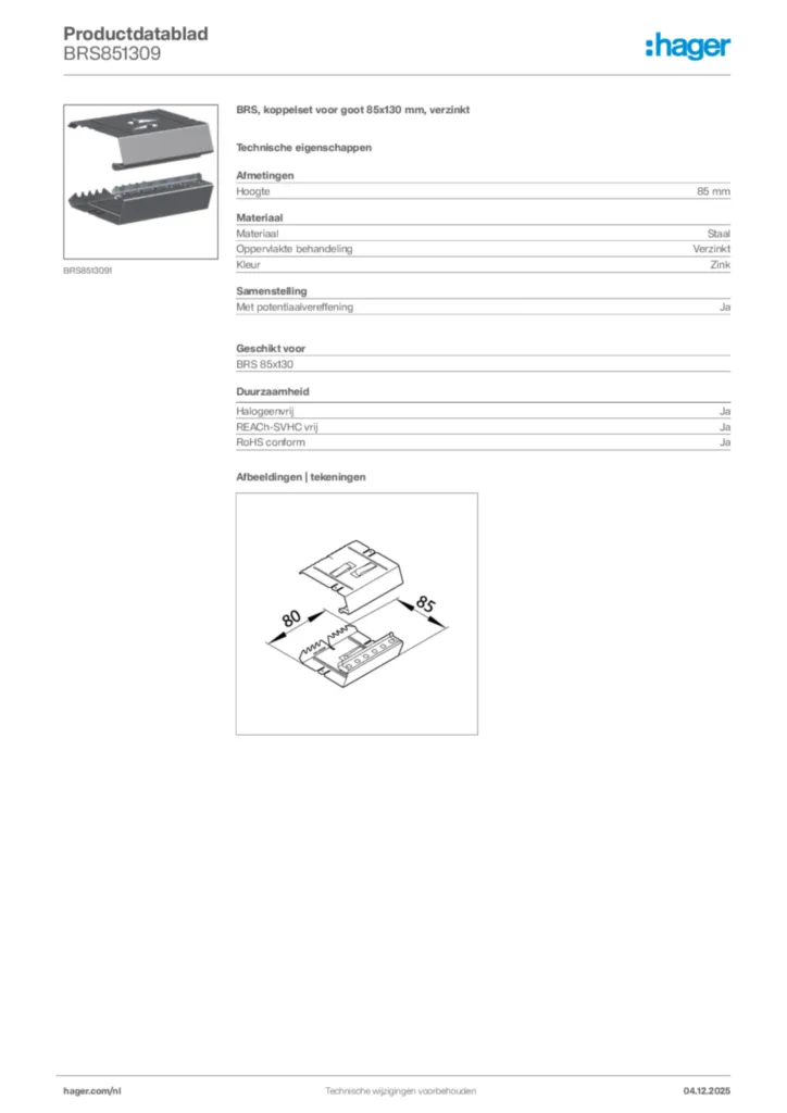 Afbeelding Hager Productdatablad BRS851309 | Hager Nederland