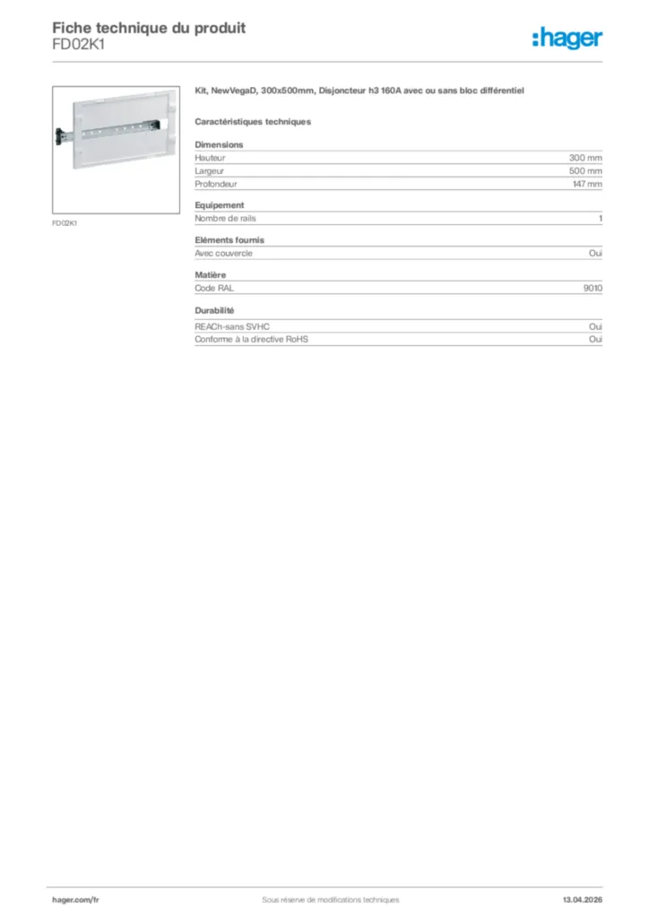 Image Hager Fiche technique du produit FD02K1 | Hager France