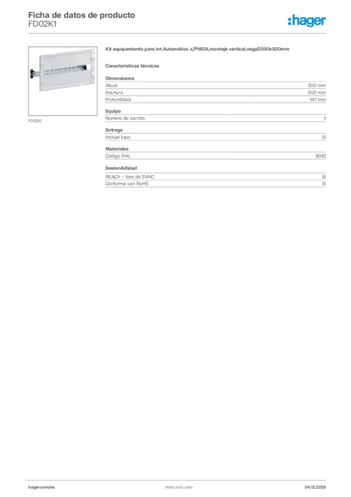 Imagen Hager Ficha de datos de producto FD02K1 | Hager España