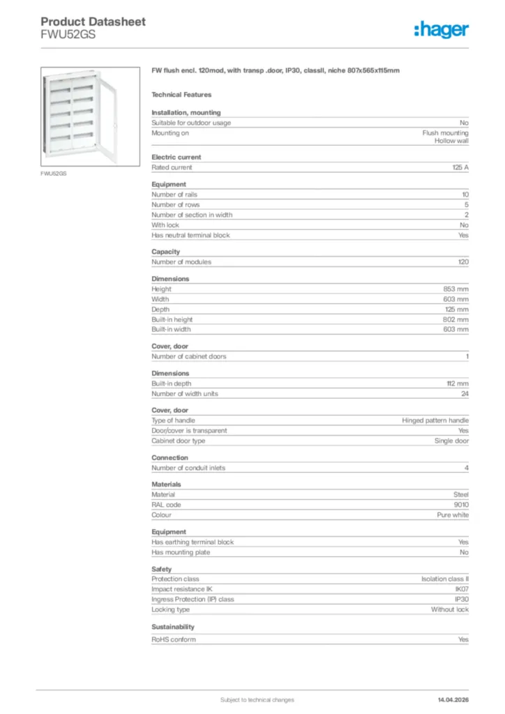 Image Hager Product data sheet FWU52GS  | Hager Africa