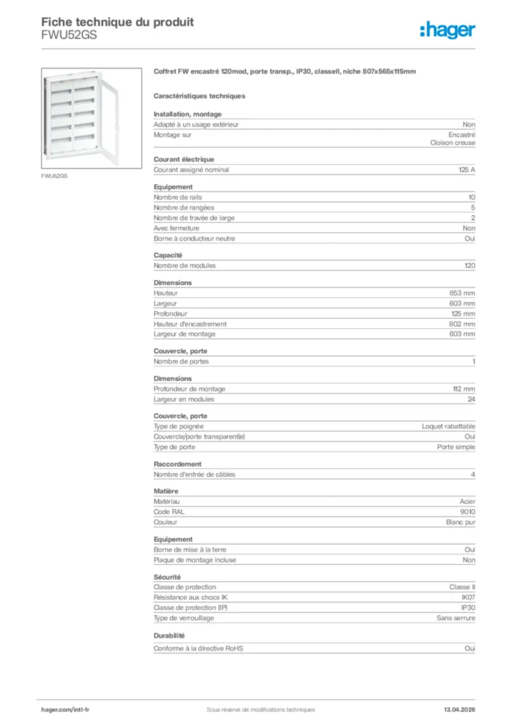 Image Hager Fiche technique du produit FWU52GS | Hager Afrique