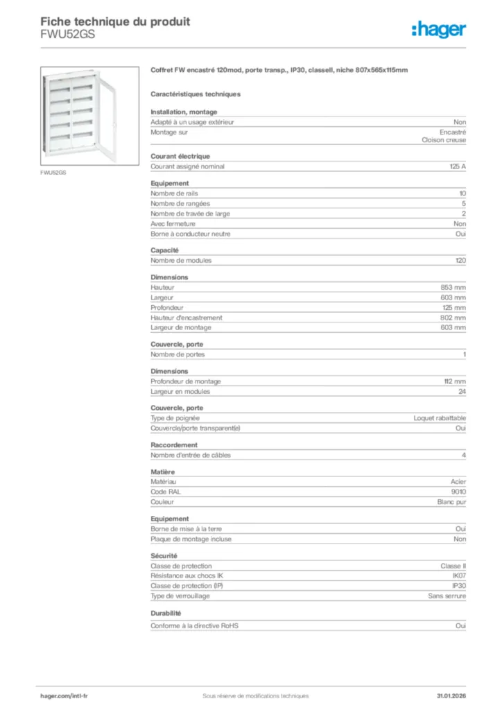 Image Hager Fiche technique du produit FWU52GS | Hager Afrique