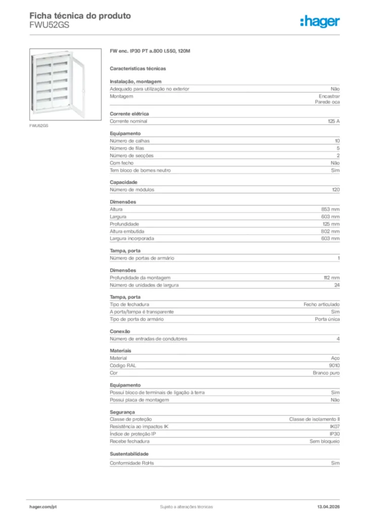 Imagem Hager Ficha técnica do produto FWU52GS | Hager Portugal