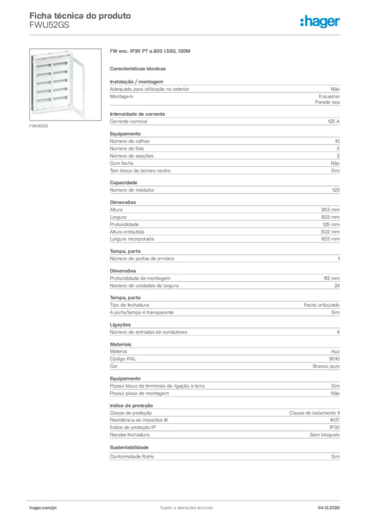 Imagem Hager Ficha técnica do produto FWU52GS | Hager Portugal