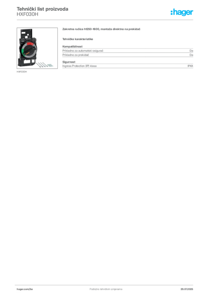 Slika Hager Product data sheet HXF030H  | Hager
