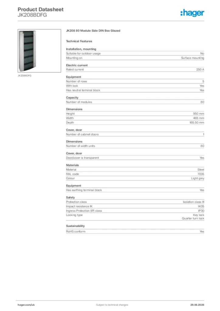 Image Hager Product data sheet JK208BDFG  | Hager