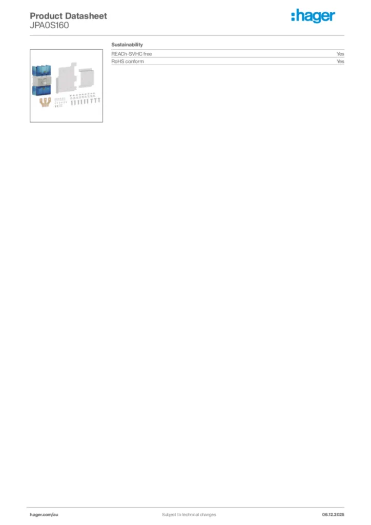 Image Hager Product data sheet JPA0S160  | Hager Australia