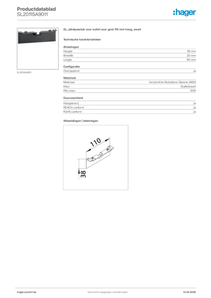 Afbeelding Hager Productdatablad SL20115A9011 | Hager Belgium