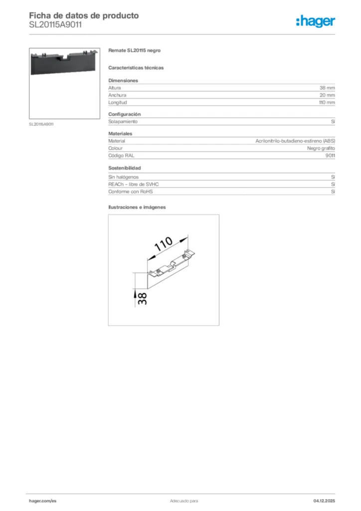Imagen Hager Ficha de datos de producto SL20115A9011 | Hager España