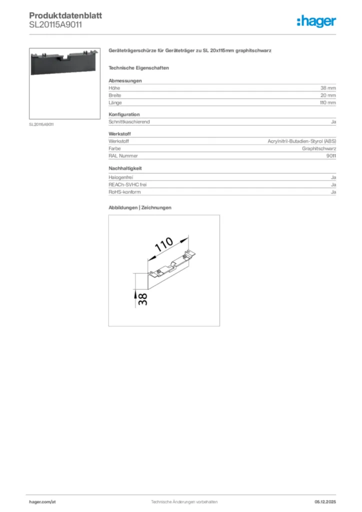 Bild Hager Produktdatenblatt SL20115A9011 | Hager Deutschland