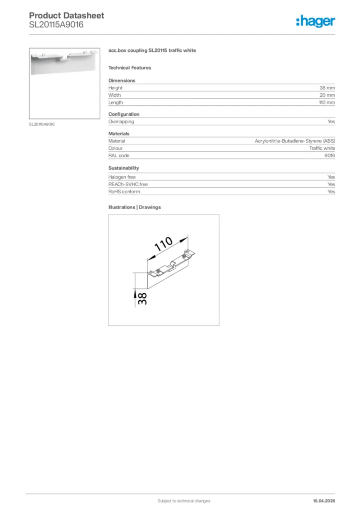 Image Hager Product data sheet SL20115A9016  | Hager Africa