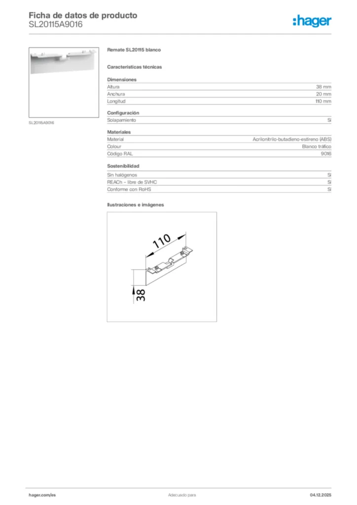 Imagen Hager Ficha de datos de producto SL20115A9016 | Hager España