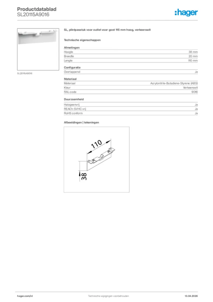 Afbeelding Hager Productdatablad SL20115A9016 | Hager Nederland
