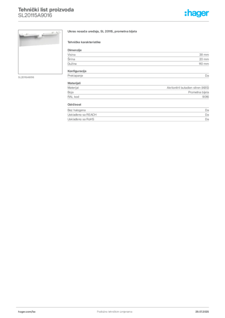 Slika Hager Product data sheet SL20115A9016  | Hager