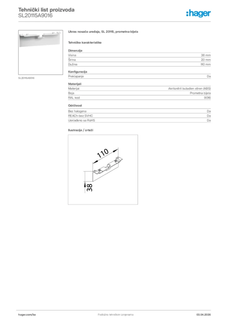Slika Hager Tehnički list proizvoda SL20115A9016  | Hager