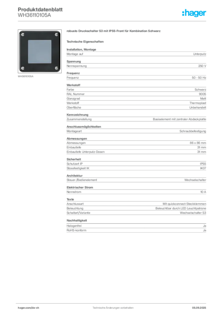 Bild Hager Produktdatenblatt WH36110105A | Hager Schweiz