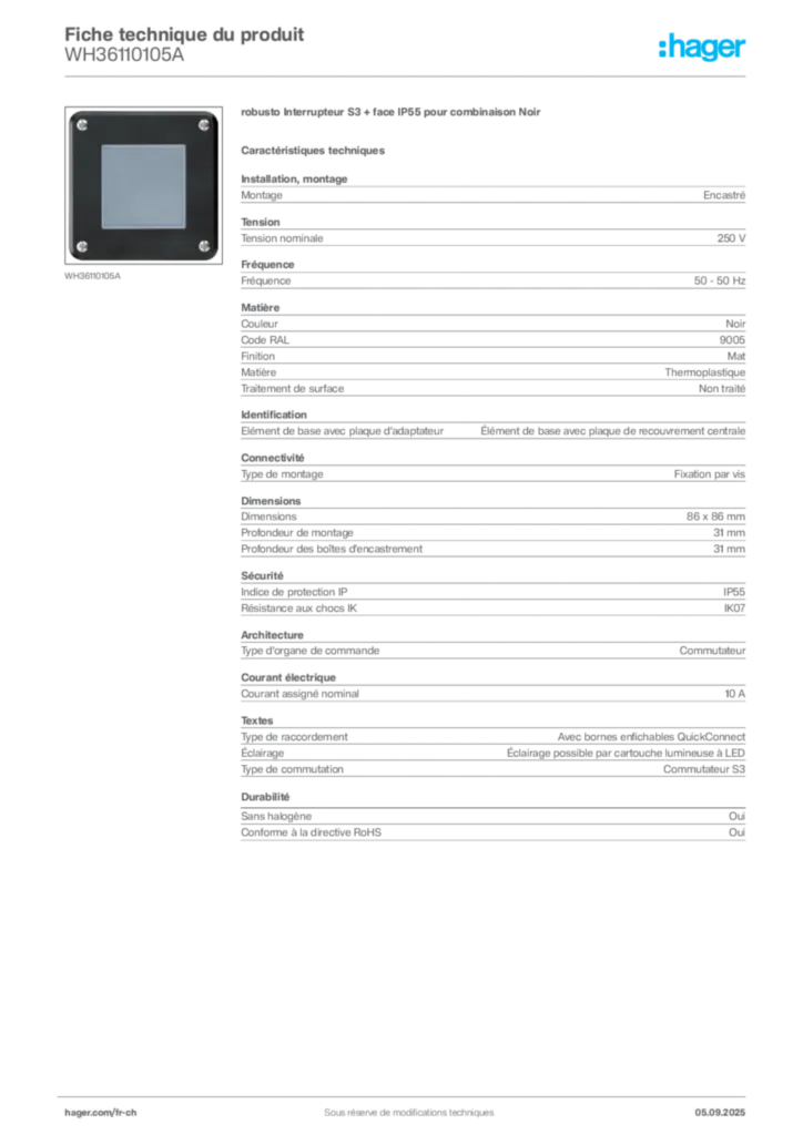 Image Hager Fiche technique du produit WH36110105A | Hager Suisse