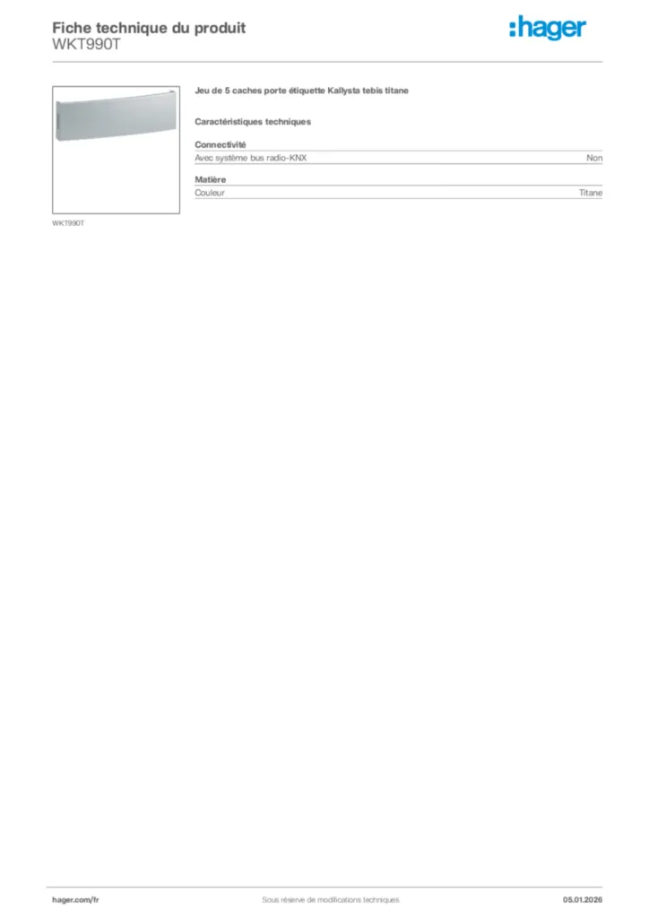 Image Hager Fiche technique du produit WKT990T | Hager France