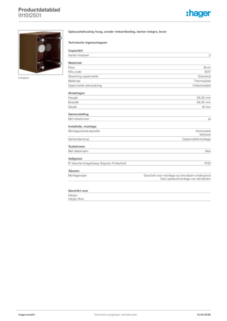 Afbeelding Hager Productdatablad 911512501 | Hager Nederland