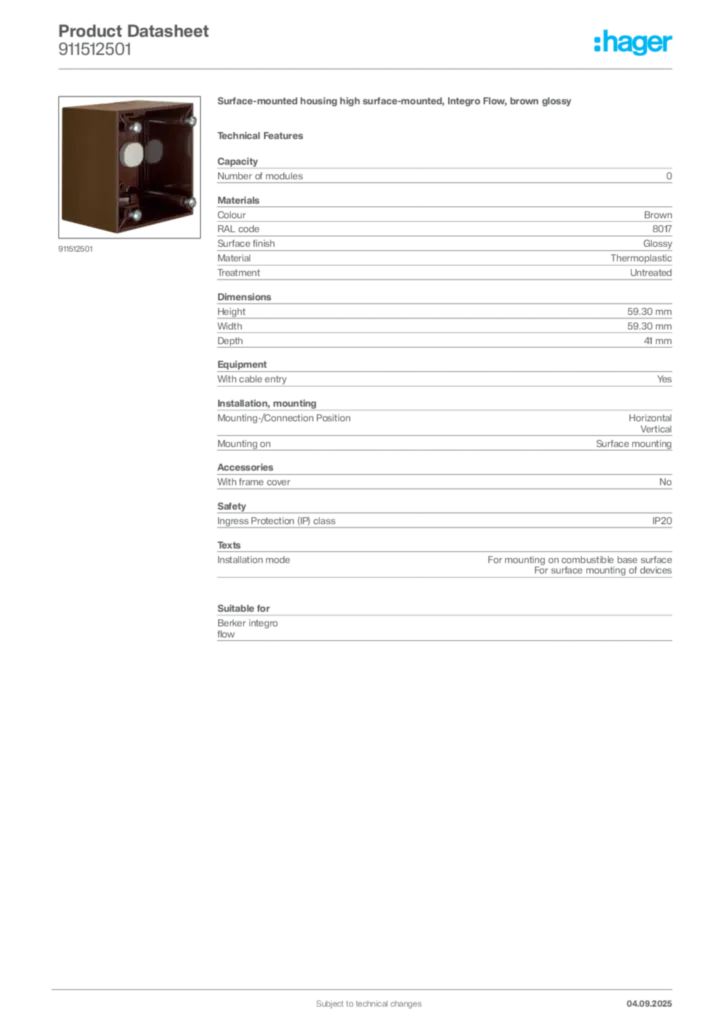 Image Hager Product data sheet 911512501  | Hager