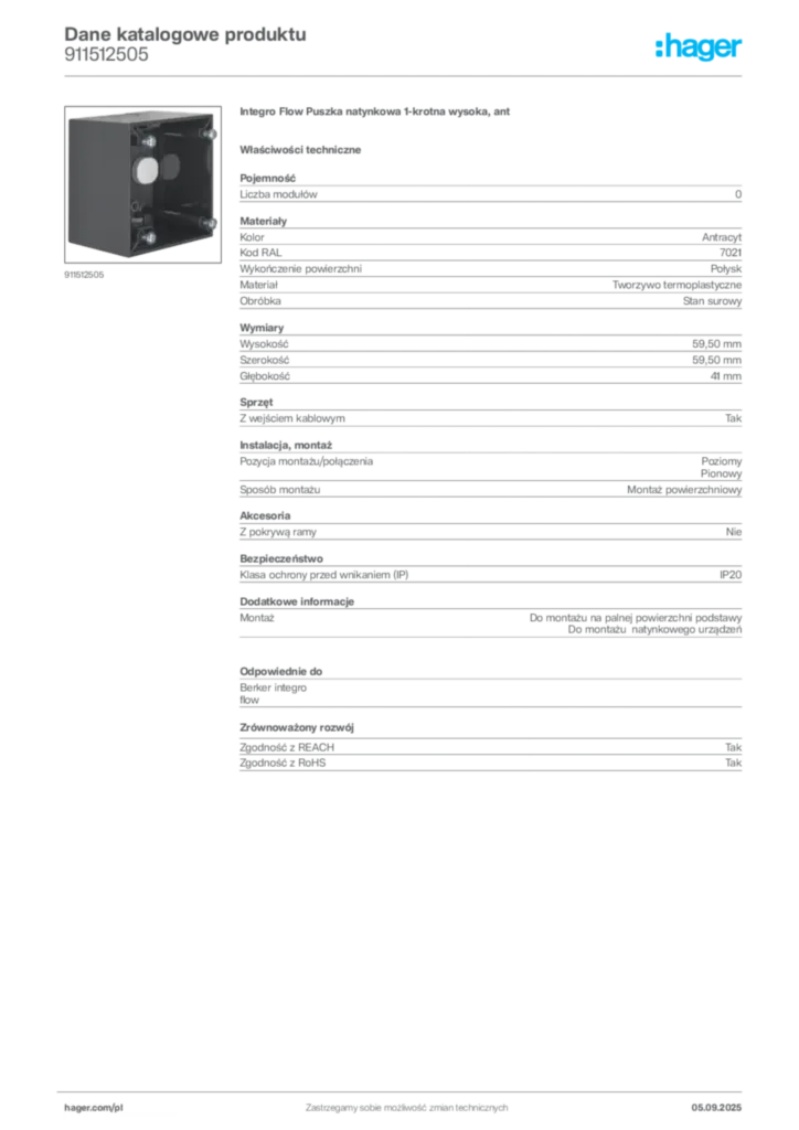 Zdjęcie Hager Dane katalogowe produktu 911512505 | Hager Polska