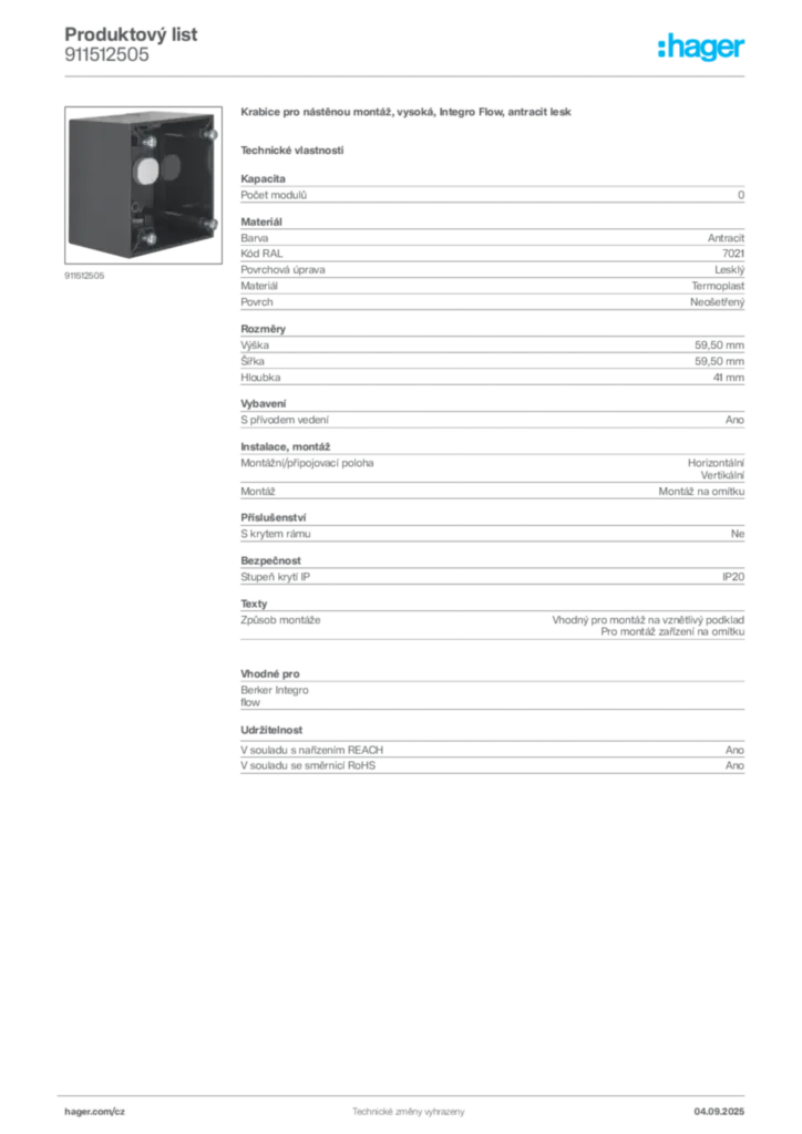 Obrázek Hager Produktový list 911512505 | Hager