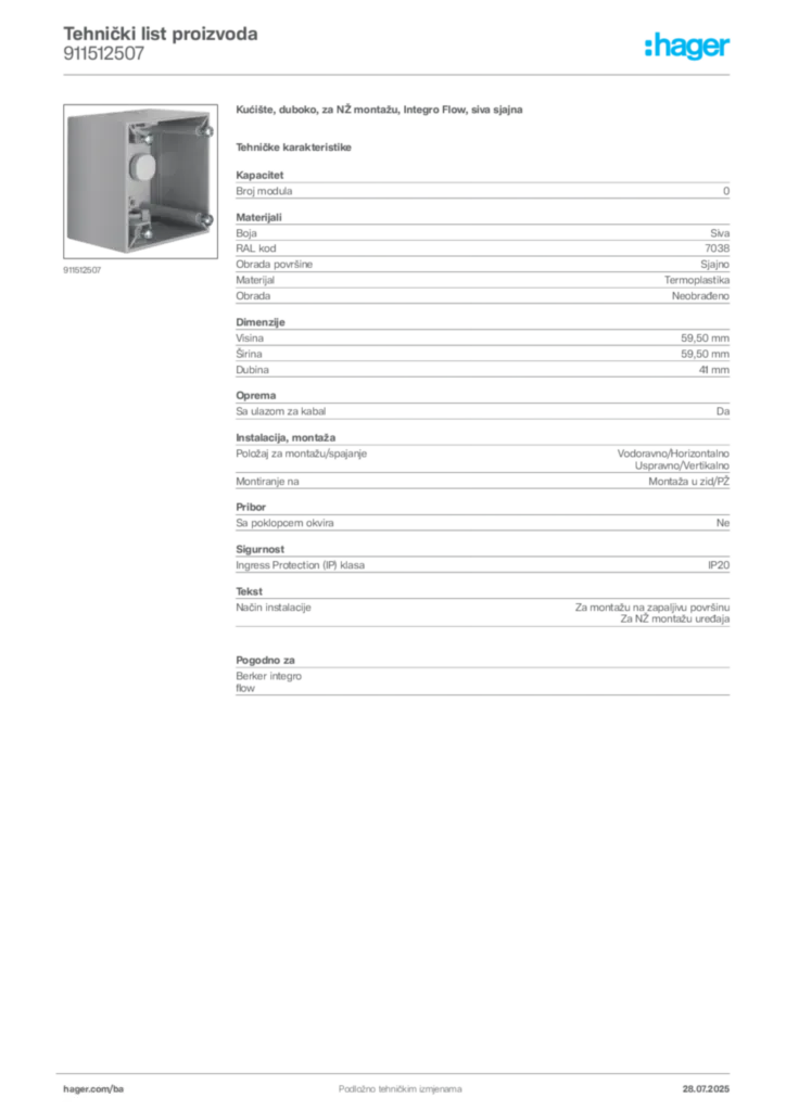 Slika Hager Product data sheet 911512507  | Hager