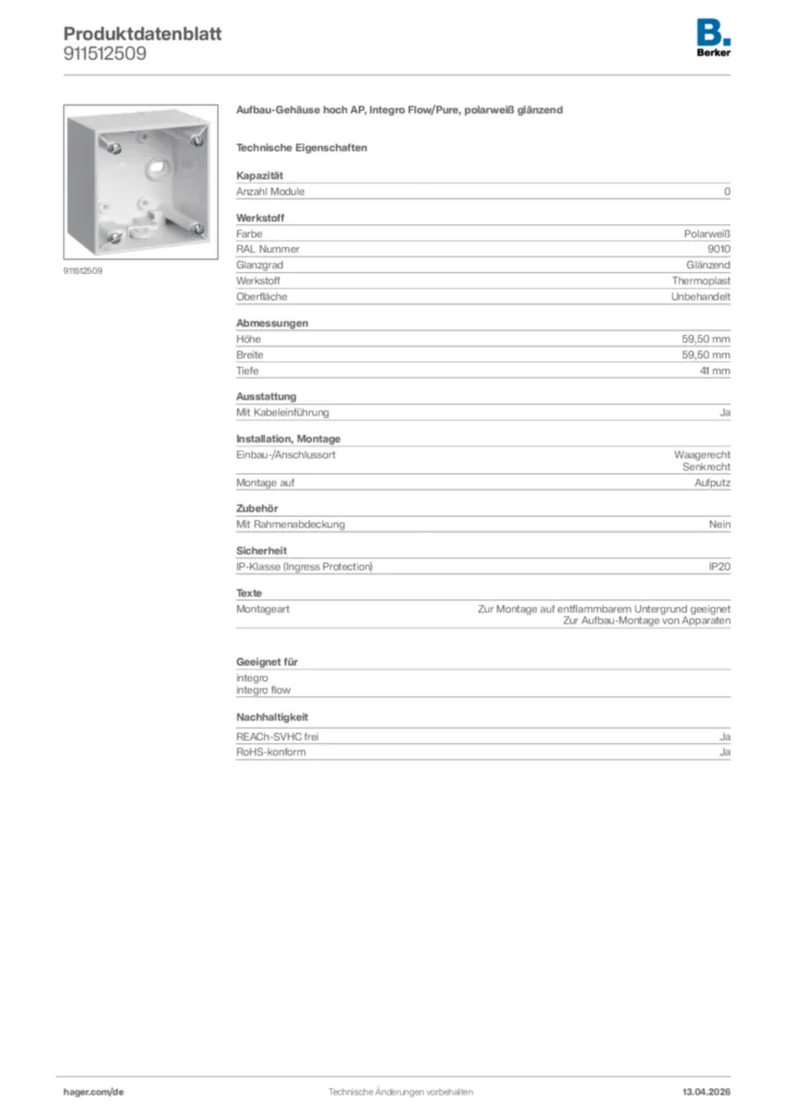 Bild Berker Produktdatenblatt 911512509 | Hager Deutschland