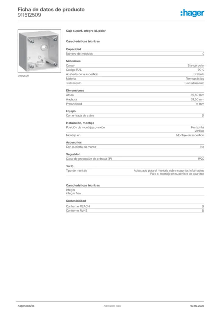 Imagen Hager Ficha de datos de producto 911512509 | Hager España