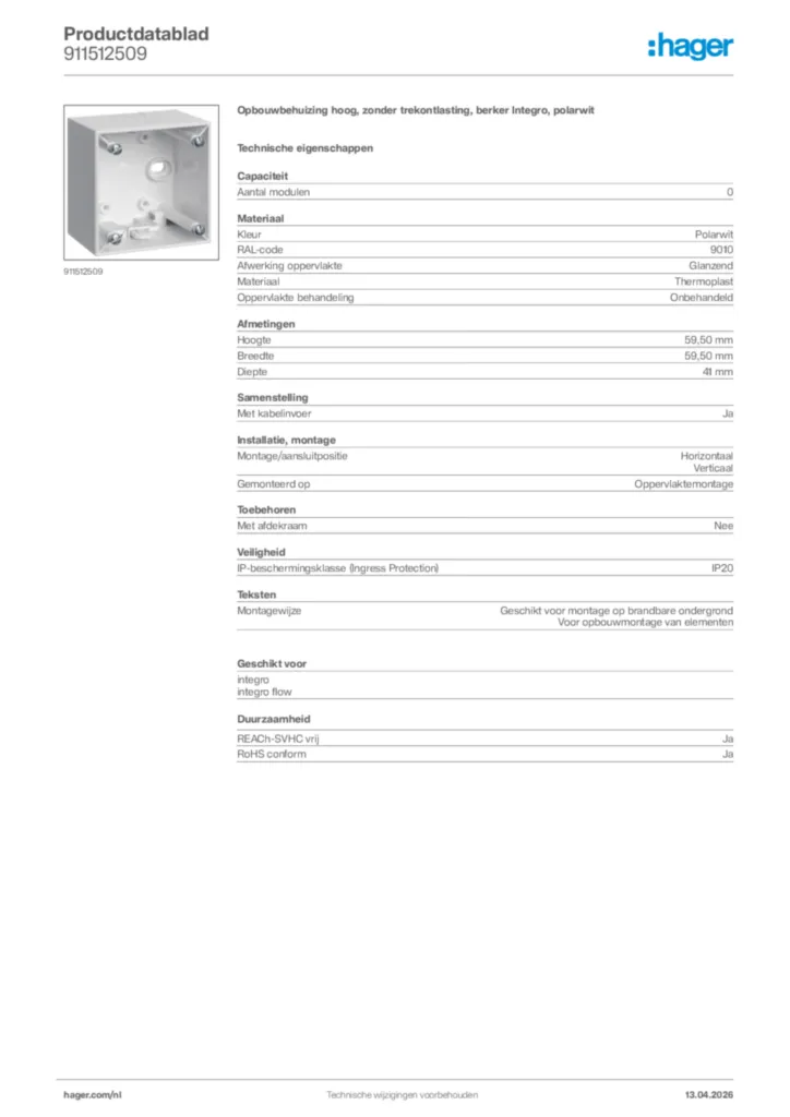 Afbeelding Hager Productdatablad 911512509 | Hager Nederland