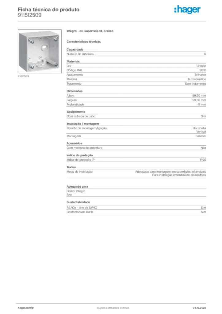 Imagem Hager Ficha técnica do produto 911512509 | Hager Portugal