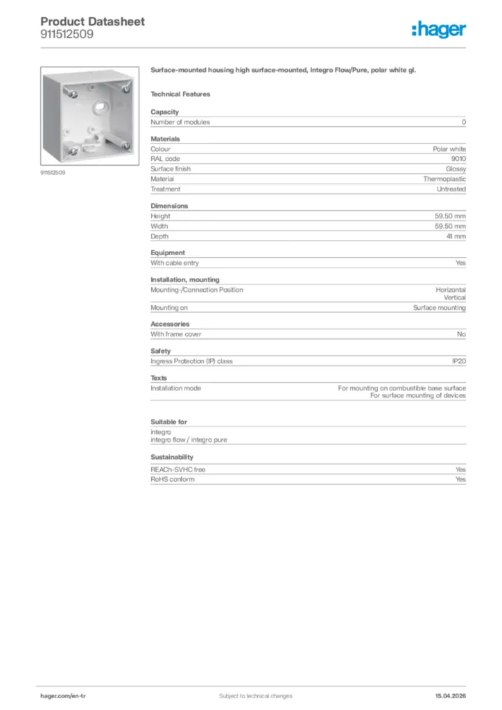 Image Hager Product data sheet 911512509  | Hager