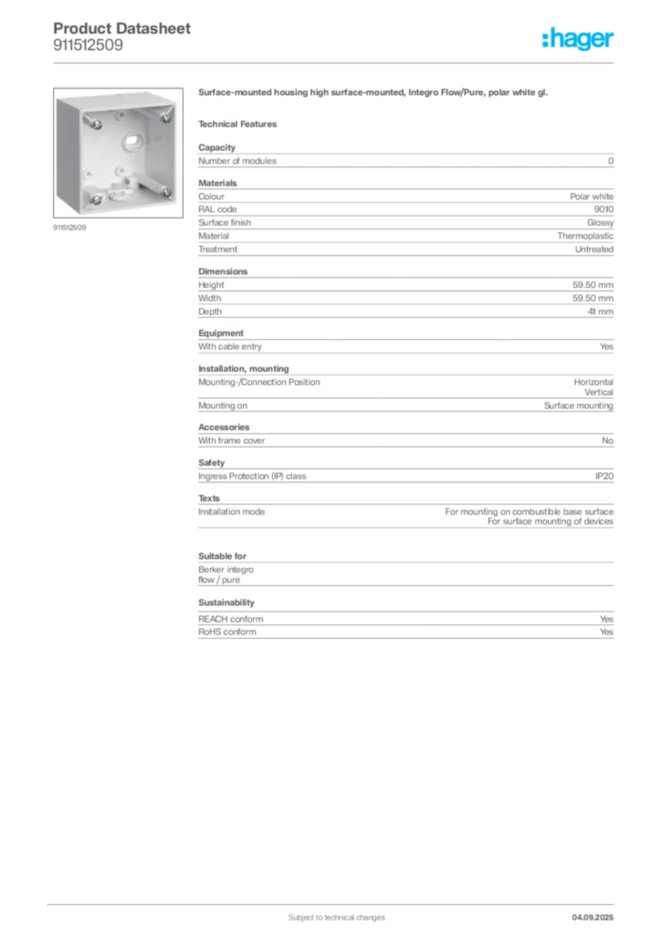Image Hager Product data sheet 911512509  | Hager