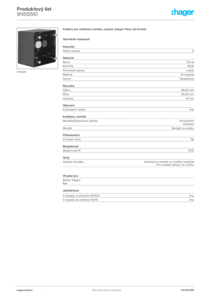 Obrázek Hager Produktový list 911512510 | Hager