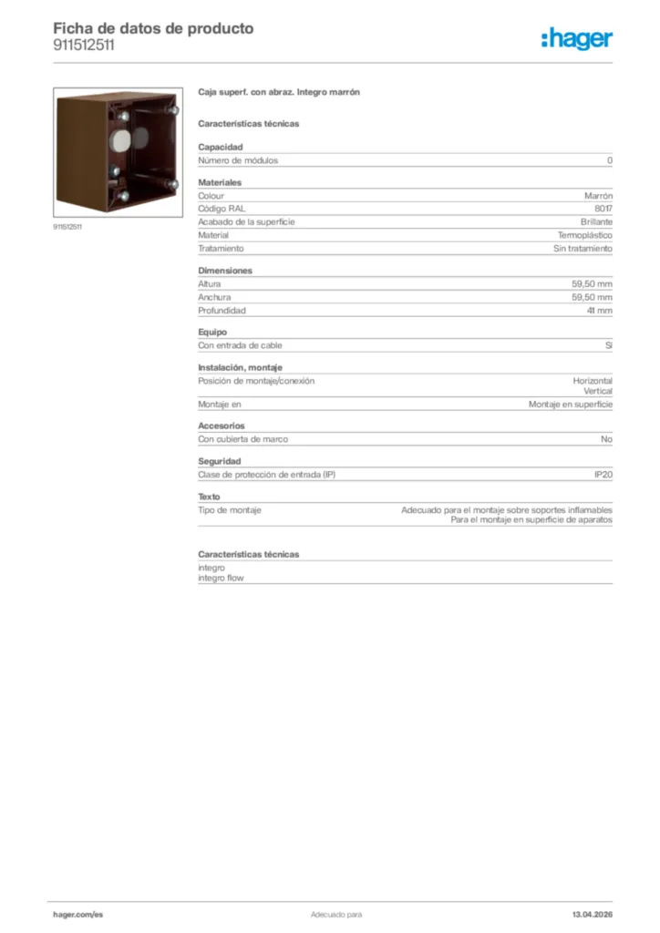 Imagen Hager Ficha de datos de producto 911512511 | Hager España