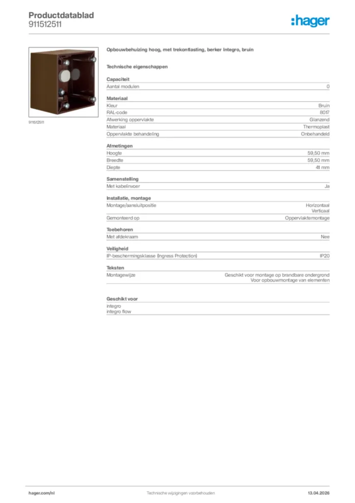 Afbeelding Hager Productdatablad 911512511 | Hager Nederland