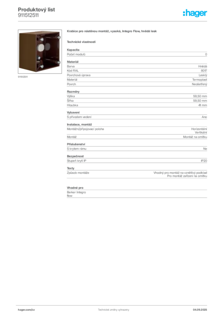 Obrázek Hager Produktový list 911512511 | Hager