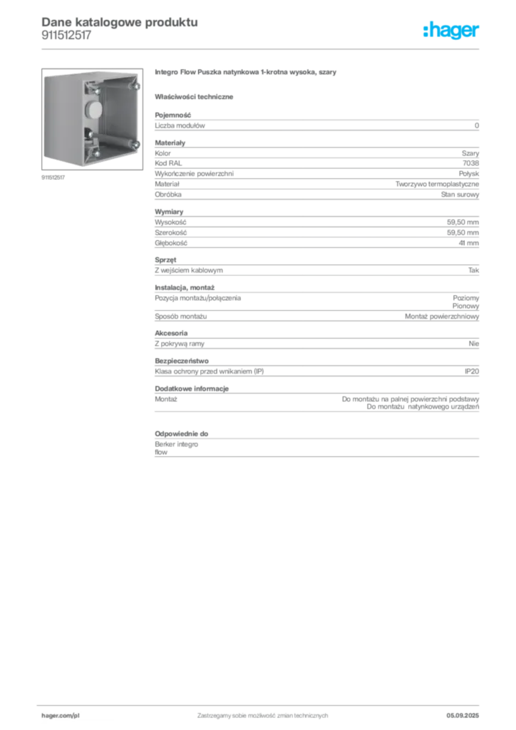 Zdjęcie Hager Dane katalogowe produktu 911512517 | Hager Polska