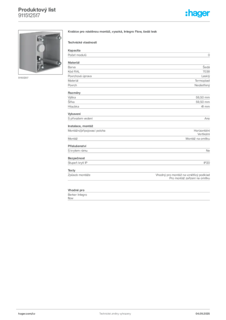 Obrázek Hager Produktový list 911512517 | Hager