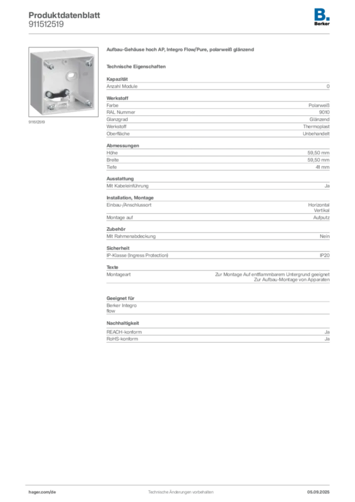 Bild Berker Produktdatenblatt 911512519 | Hager Deutschland