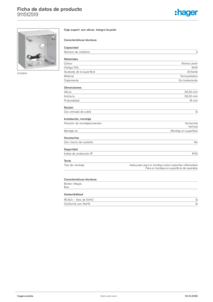 Imagen Hager Ficha de datos de producto 911512519 | Hager España