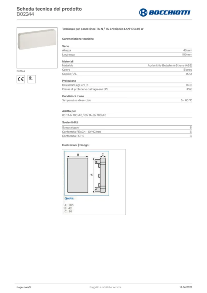 Immagine Bocchiotti Scheda tecnica del prodotto B02244 | Hager Italia