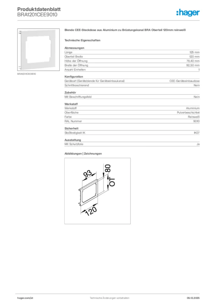 Bild Hager Produktdatenblatt BRA1201CEE9010 | Hager Deutschland
